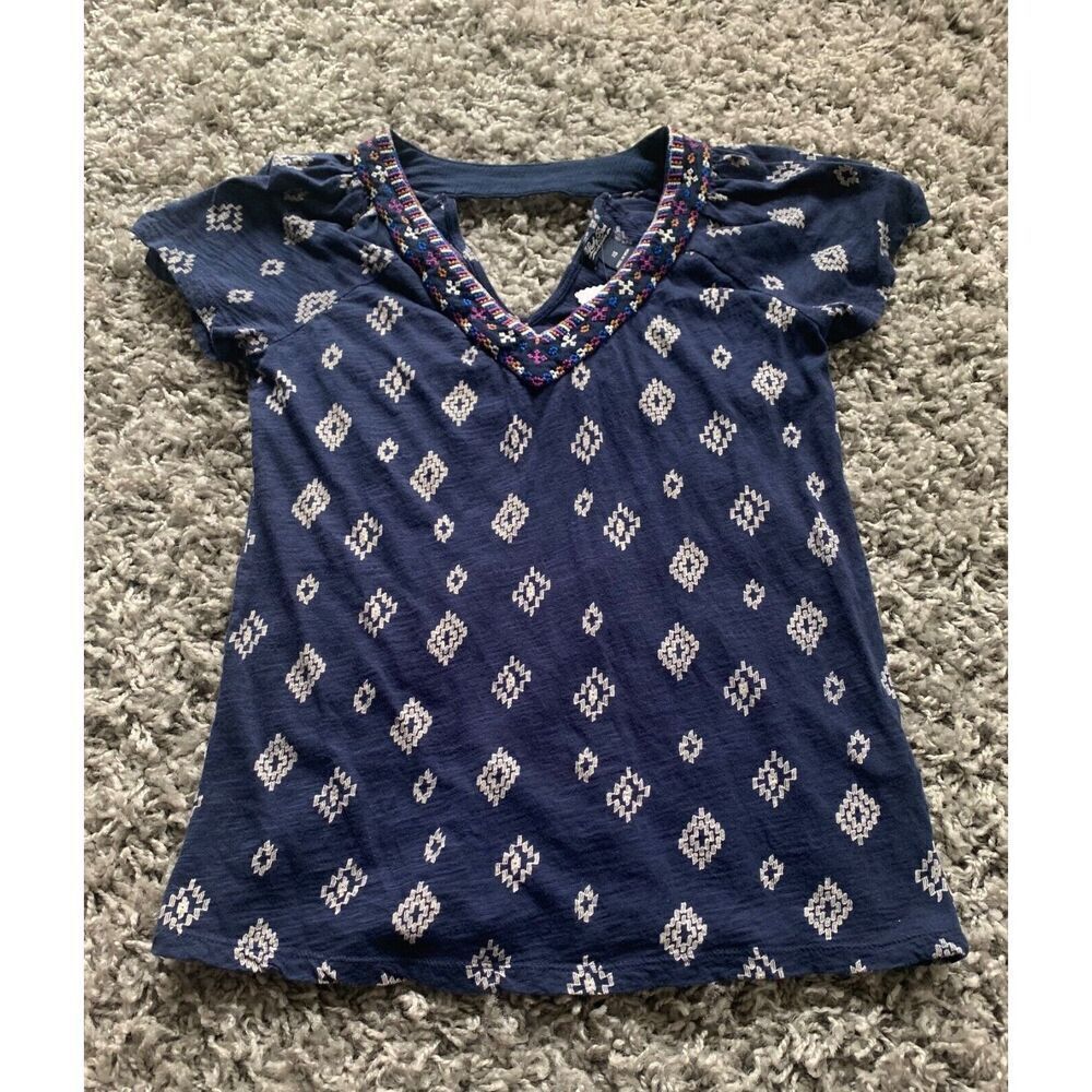 Lucky Brand navy blue EMBROIDERED Boho CAP SLEEVE TUNIC SHIRT TOP sz XS